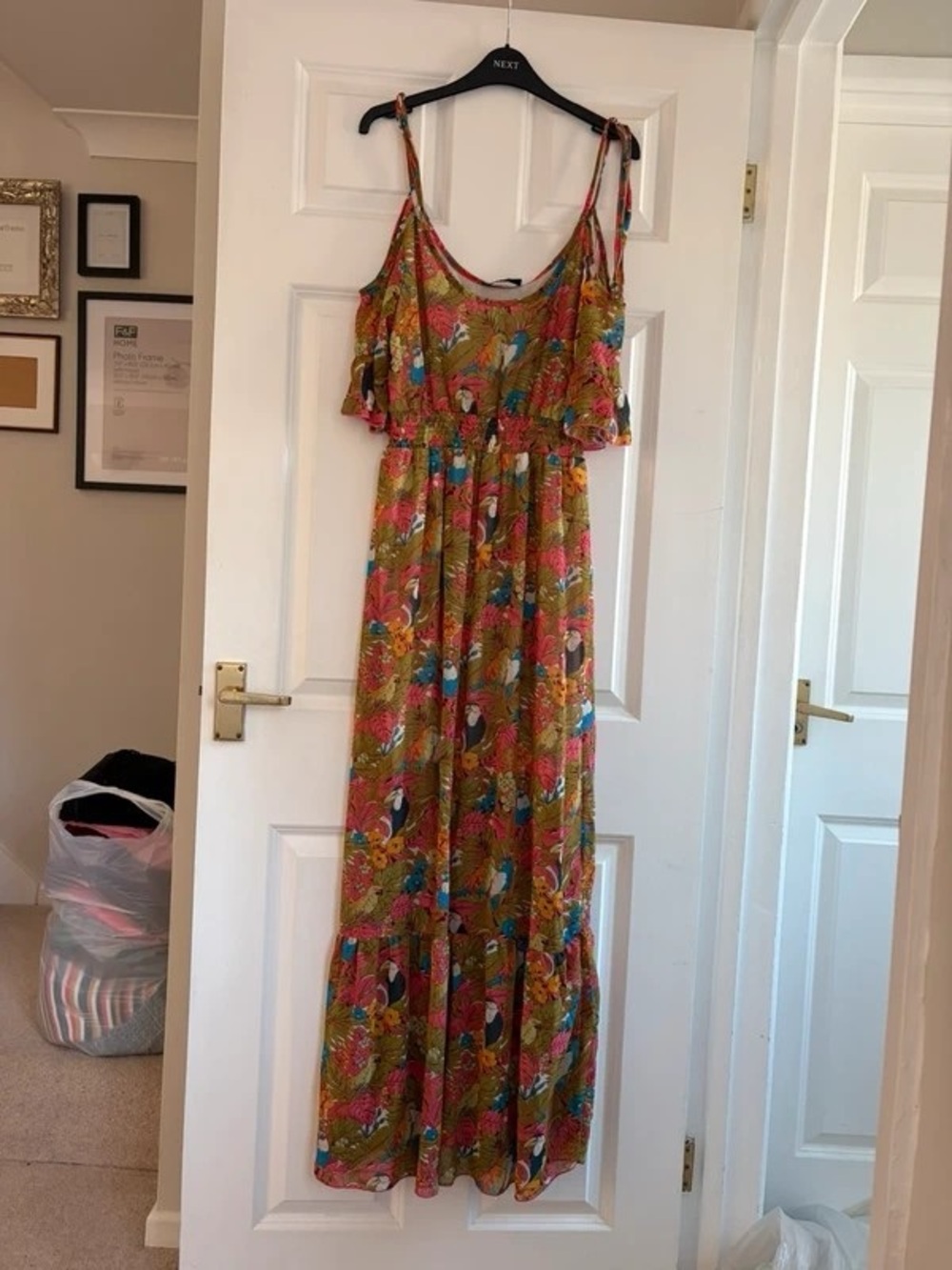 NEXT Mustard Floral Tie-Shoulder Midi Dress
